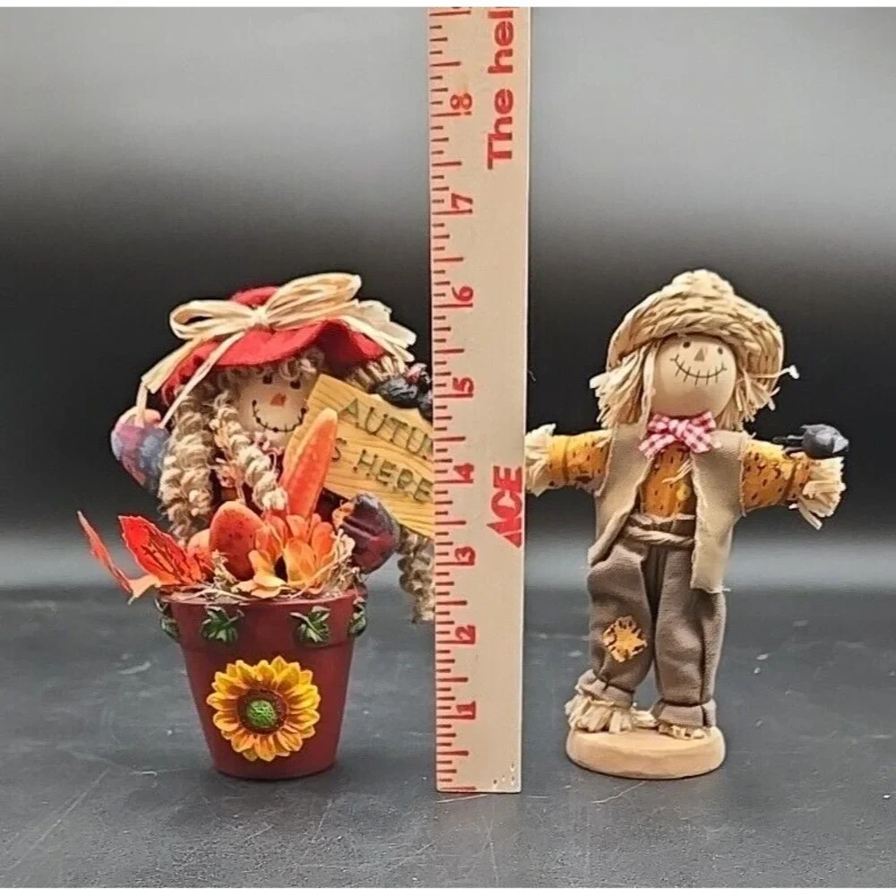 2 Vtg Country Potted Scarecrow‎ Decor Figures Thanksgiving Fall Halloween ?Avon